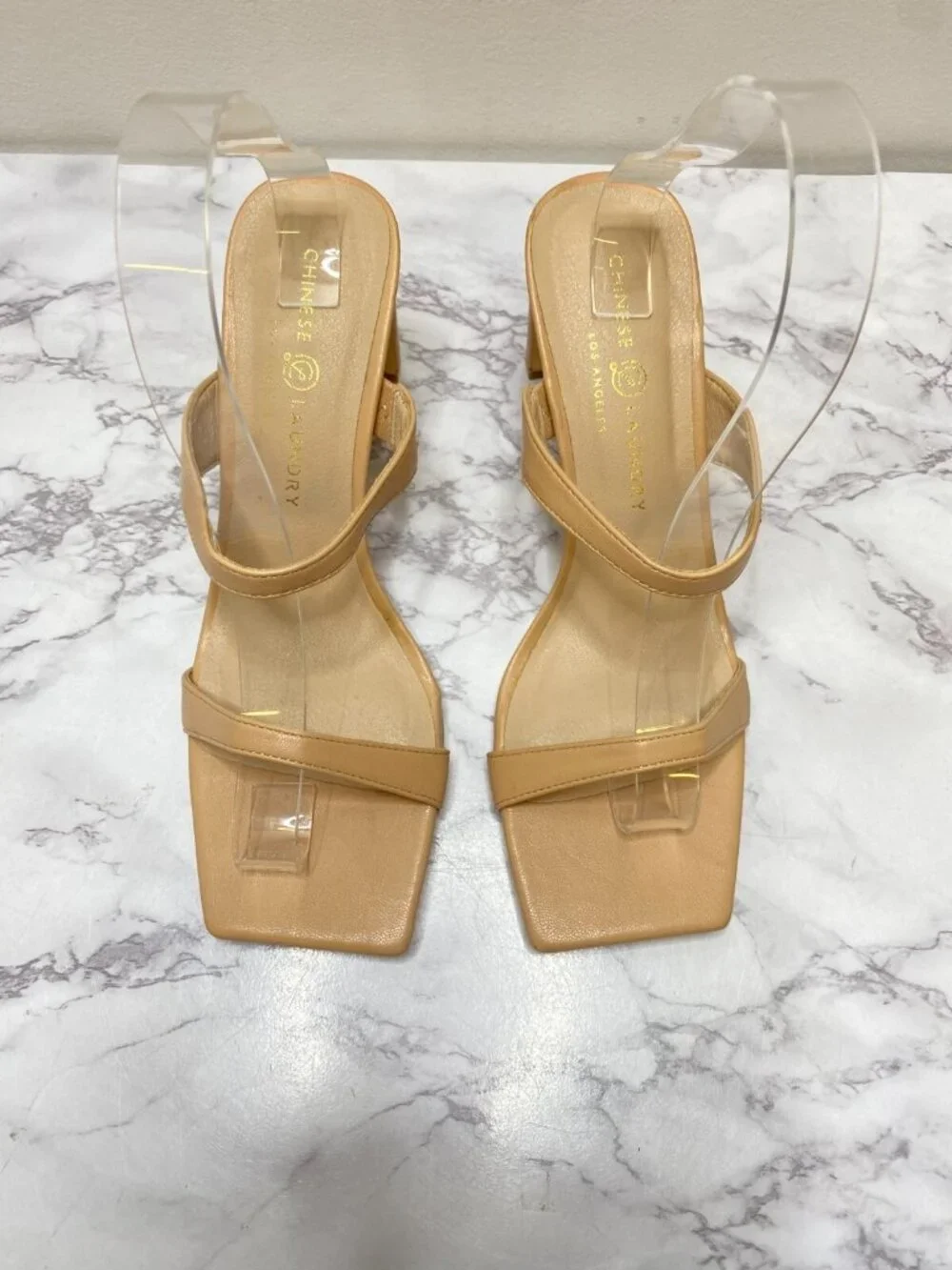 Chinese Laundry Women's Square Toe Nude Strappy Faux Leather Sandal Sz 7.5
